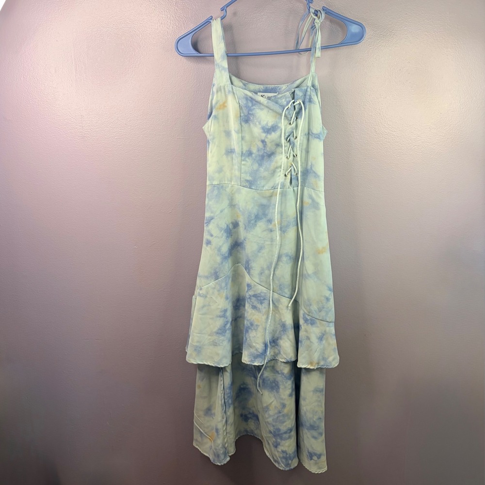 Blue Tie Dye Lace Up Midi Dress Fairy Y2K Whimsigoth High Low Romantic Size 12